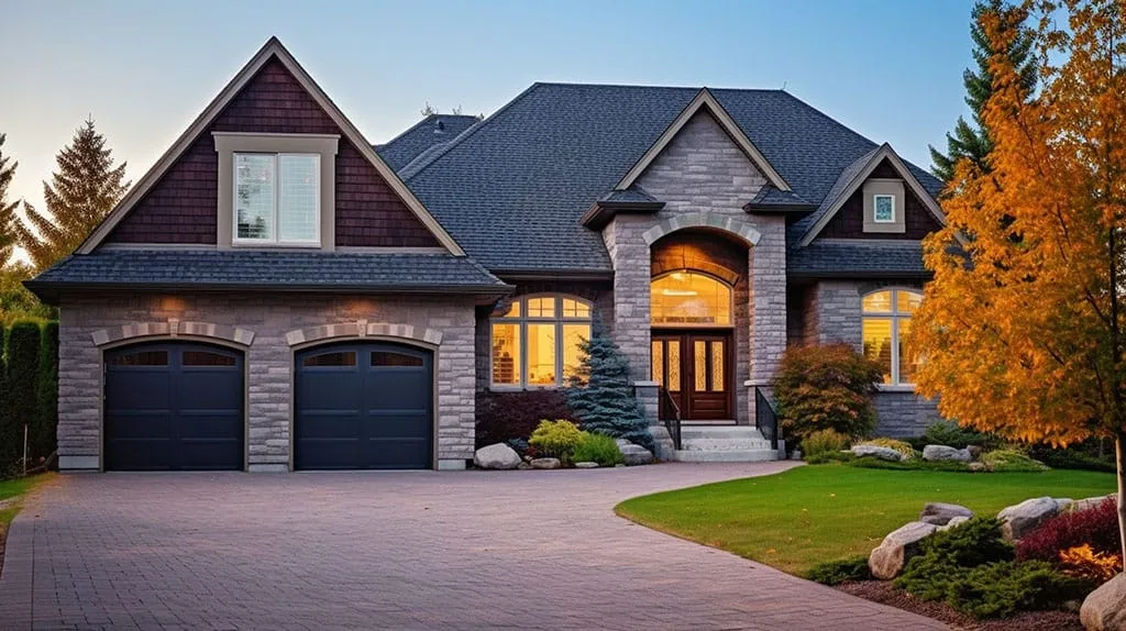 Luxury home exterior with brick siding and double garage