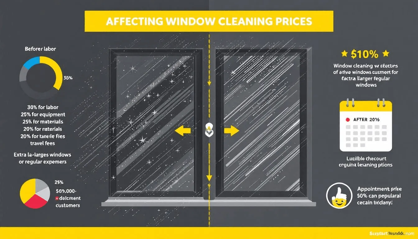 A before and after comparison of a dirty window being cleaned, highlighting factors affecting window cleaning prices.