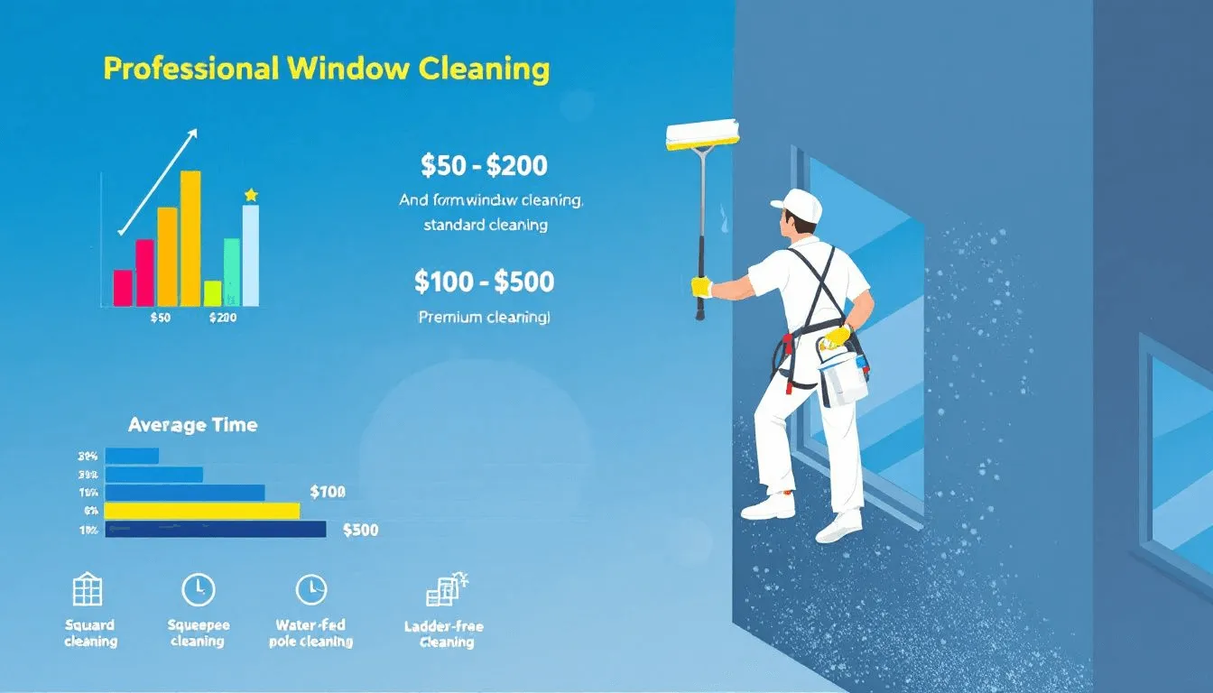 A professional window cleaner working on a residential building, showcasing the average cost of window cleaning services.