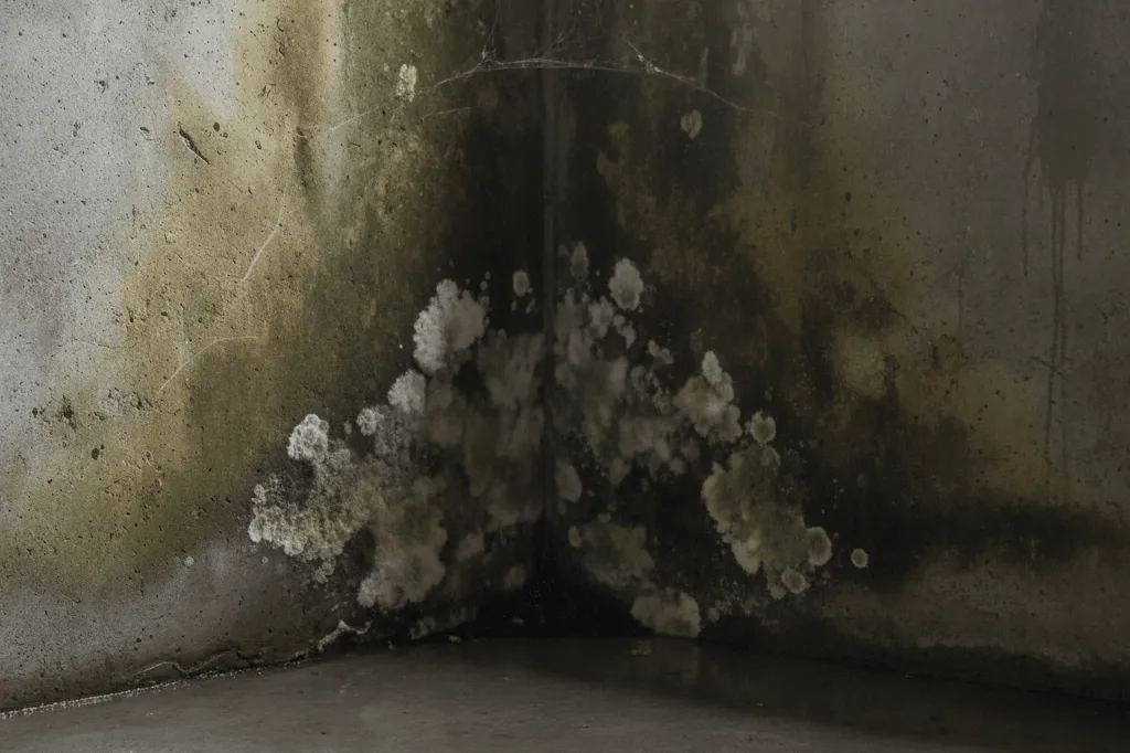 Damp basement wall with early mold and moisture stains caused by poor drainage and a need for gutter cleaning services.