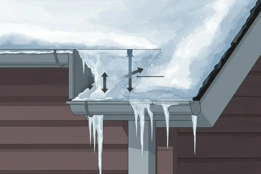 Close-up of an ice dam on a roof, illustrating the importance of preventing ice buildup