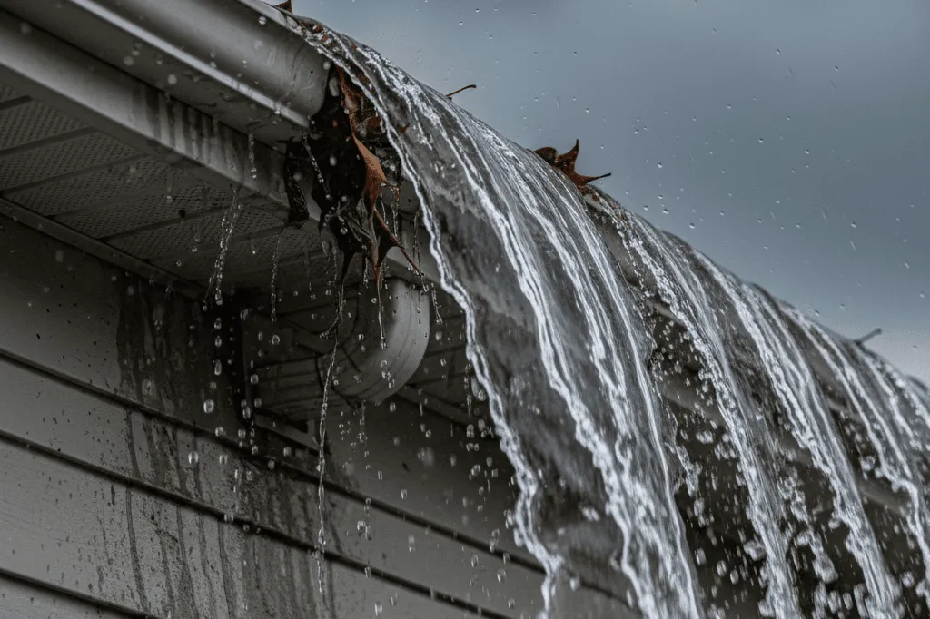 Rainwater overflowing from a clogged house gutter during a storm, with water spilling over the edge and debris visible inside the gutter.