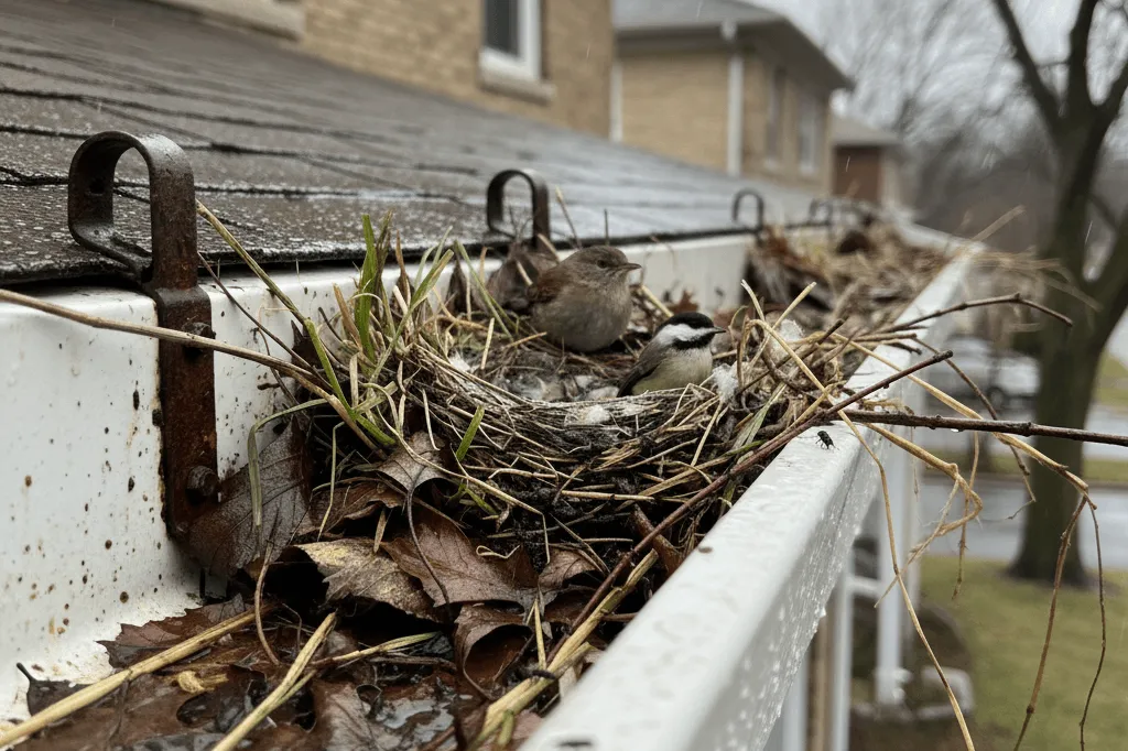 Clogged gutter with nesting pests and debris buildup, showing a clear need for gutter cleaning services.