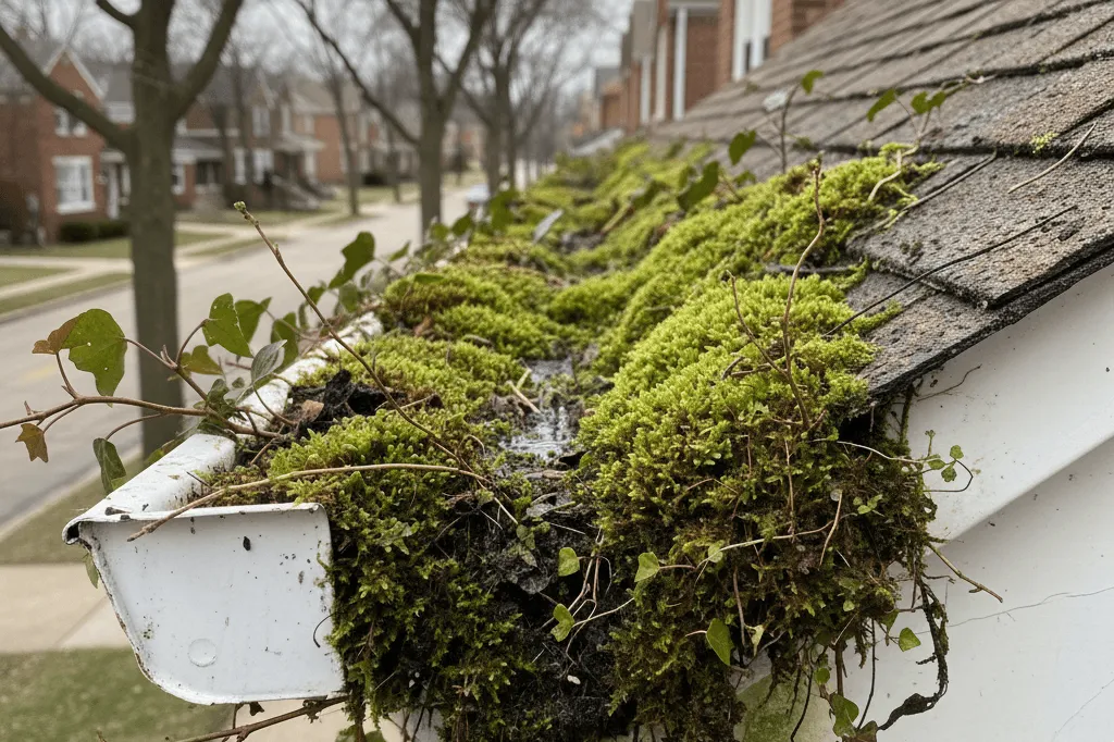 Clogged gutter with plants and moss growing inside, showing a clear need for gutter cleaning services.