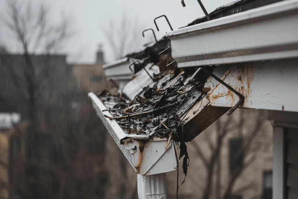 Sagging home gutter pulling away from the roofline with debris and standing water inside, showing a clear need for gutter cleaning services.