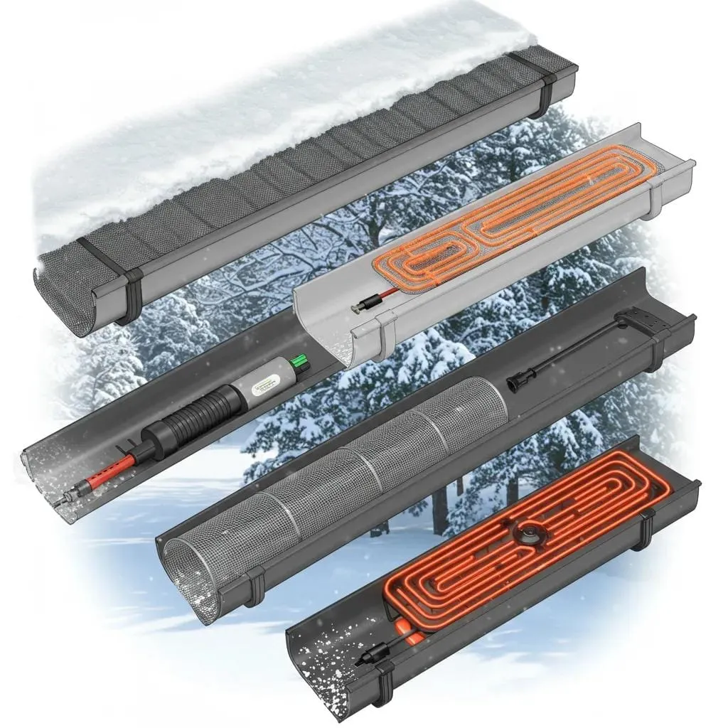 Various gutter protection options displayed in a winter setting, highlighting their features