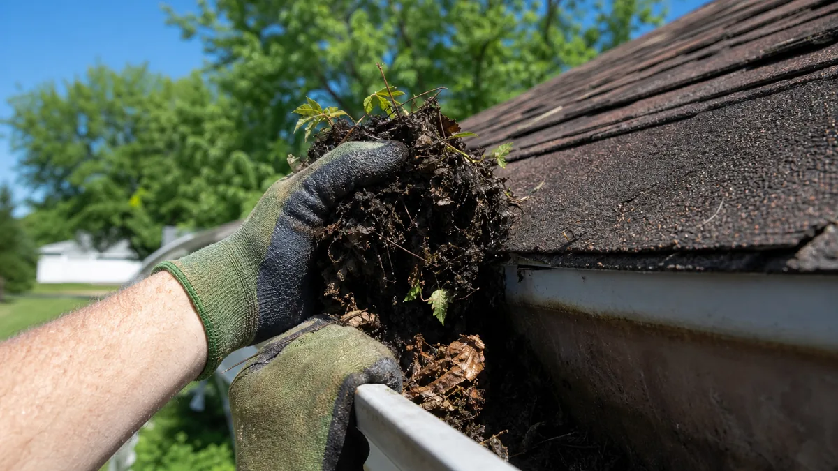 A Property Refresh technician clearing debris from a residential gutter from a ladder