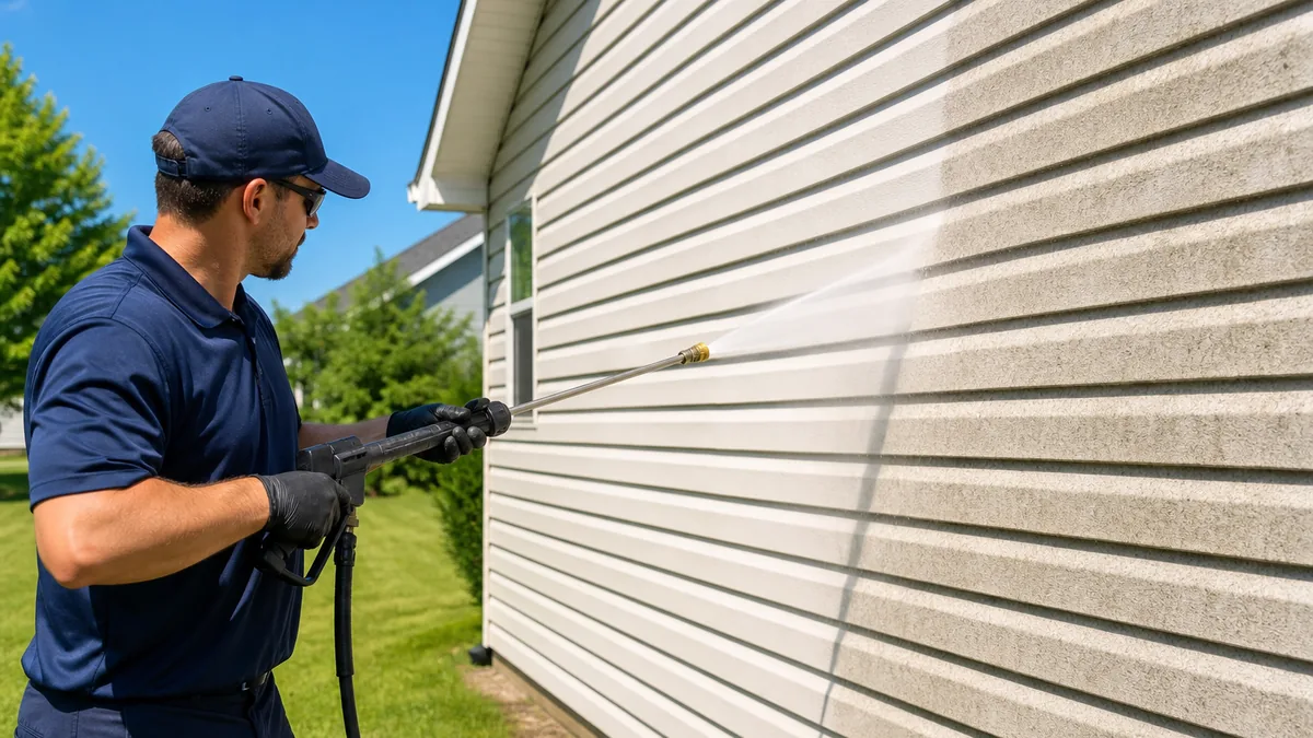 Property Refresh crew member power washing home siding on a bright sunny summer day in Chicagoland