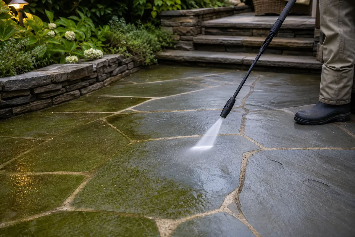 A bluestone flagstone patio being gently cleaned with low pressure, revealing the natural blue-gray stone color beneath algae