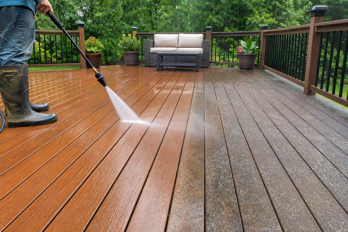 A composite wood patio deck being soft washed with a low-pressure fan spray, the cleaned boards looking fresh next to weathered gray boards