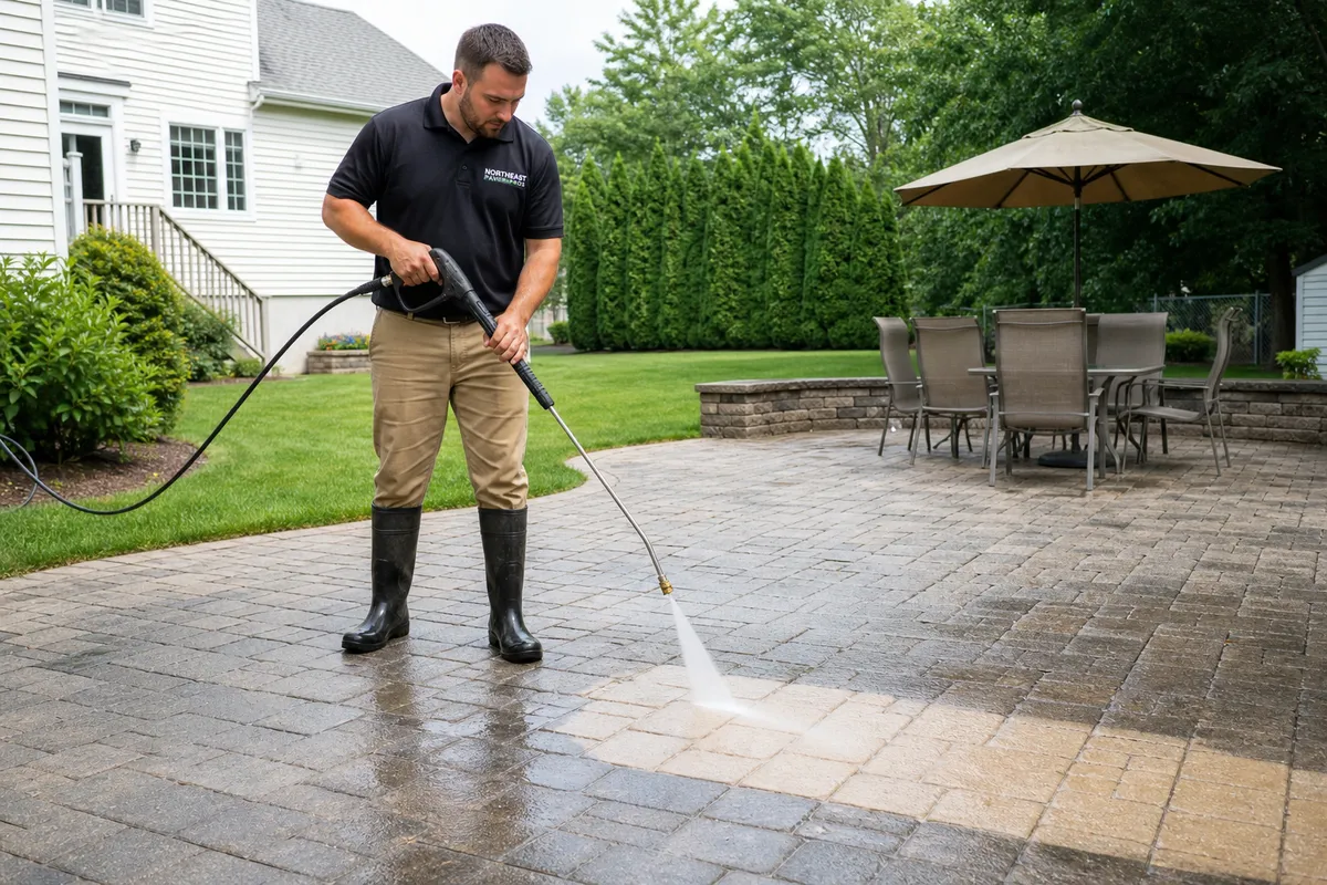 Professional power washing a paver patio in a suburban backyard