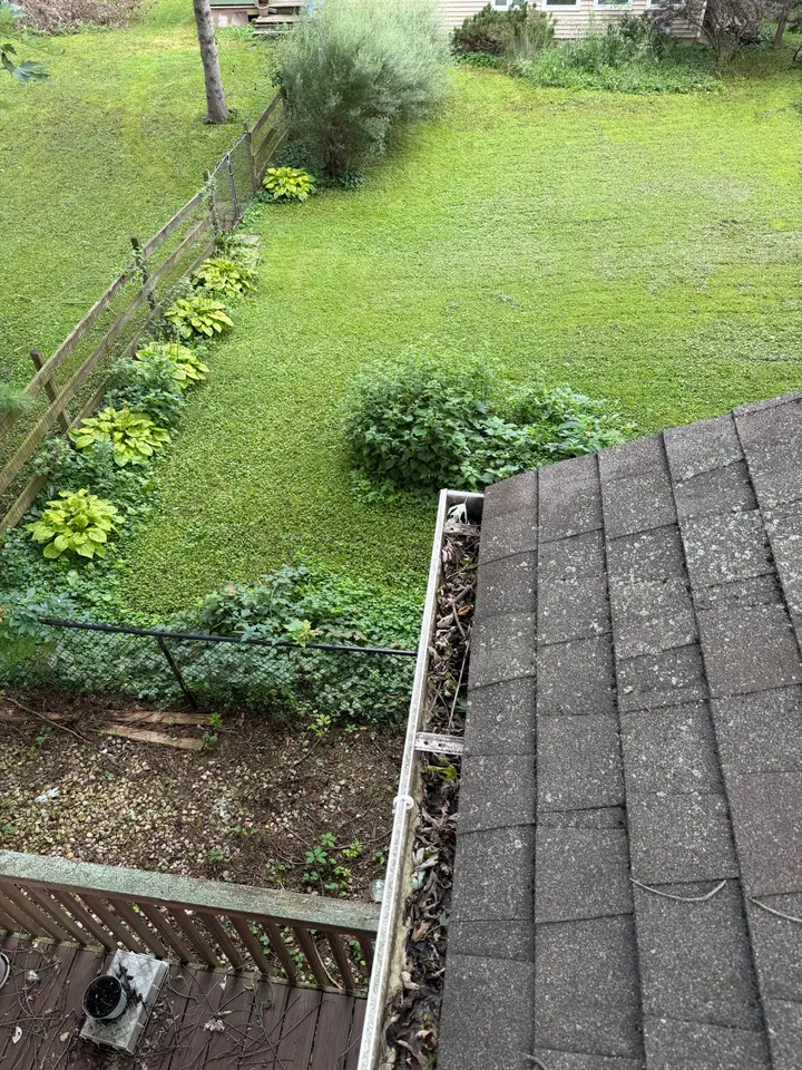 Leaf-filled gutter above a backyard deck in Oakwood Hills, IL, before gutter cleaning