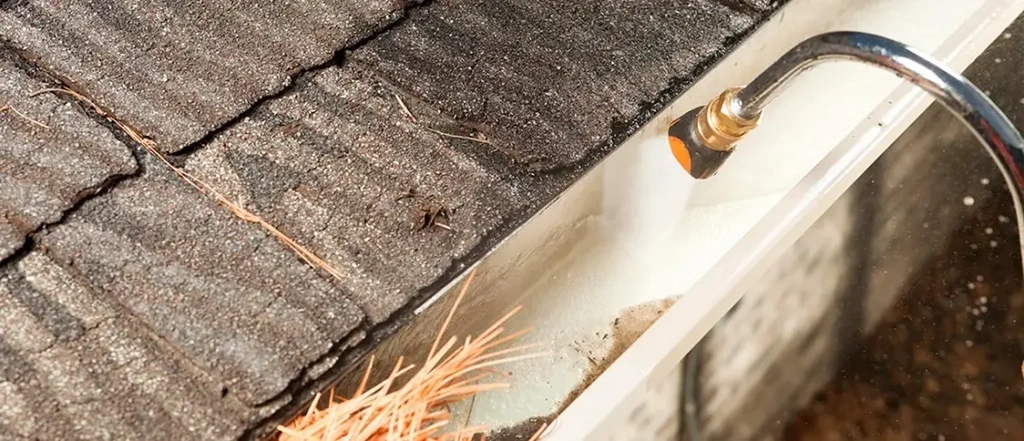 gutter being cleaned by hose 