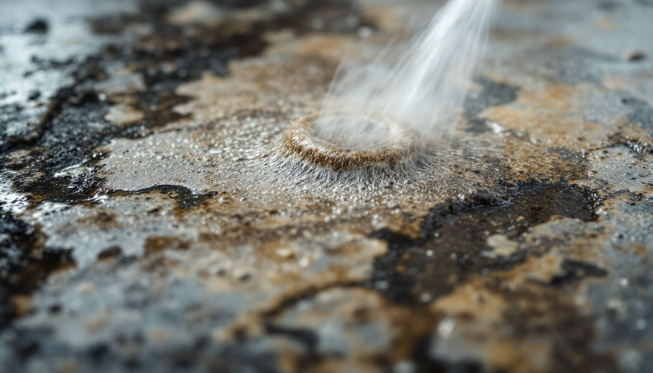 A before and after comparison of a surface cleaned by power washing.