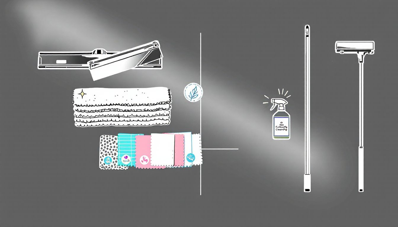 Various window cleaning tools displayed, illustrating specialty window cleaning services pricing.