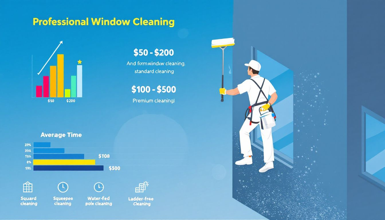 A professional window cleaner working on a residential building, showcasing the average cost of window cleaning services.