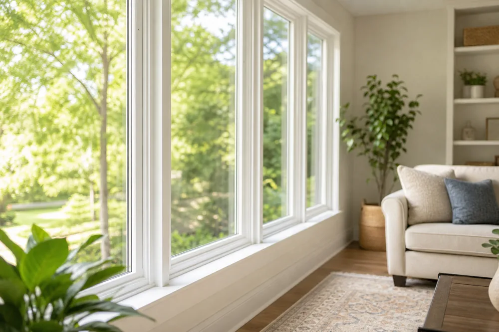Spotless, streak-free French style windows in a bright Chicago-area living room after cleaning